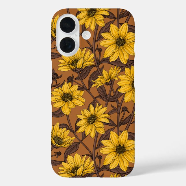 Funda iPhone 16 Sunroot, girasol salvaje en amarillo y marrón (Reverso )