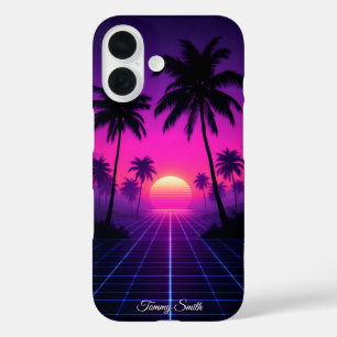 Funda iPhone 16 Sunset de ondas sintéticas retro - Viaje de onda d