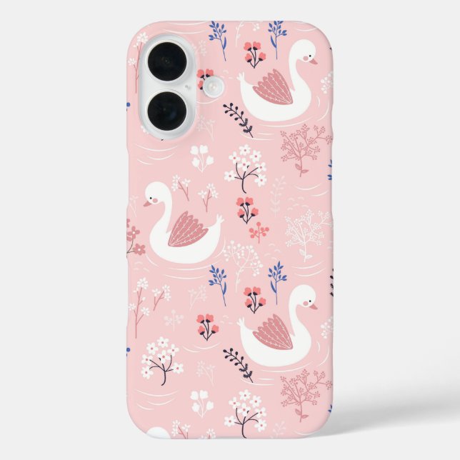 Funda iPhone 16 Sweet White Swans On Pastel Pink Floral Ballet (Reverso )
