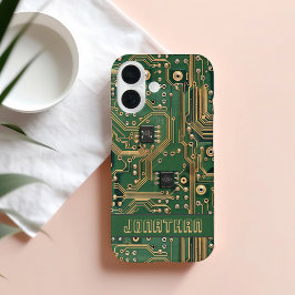 Funda iPhone 16 Tarjeta de circuito de oro verde personalizada