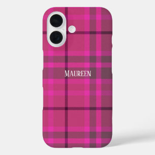 Funda iPhone 16 tartán de felpa rosada y morada personalizado