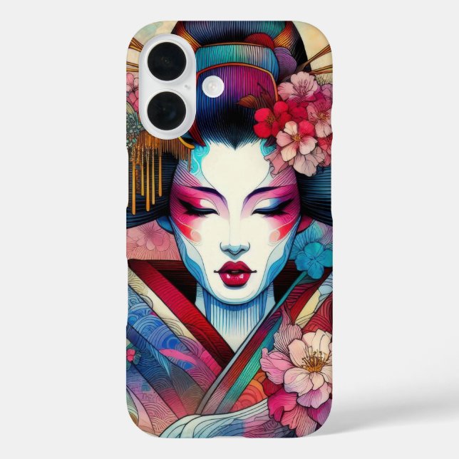 Funda iPhone 16 Tatuaje de flores Geisha sakura abstracto oriental (Reverso )