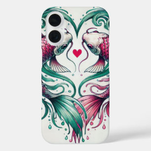 Funda iPhone 16 Tatuaje de koi de corazón de amor rosa y verde azu