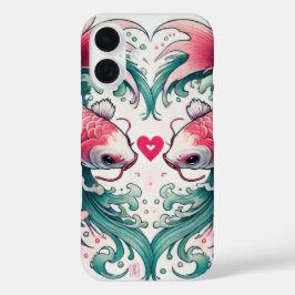 Funda iPhone 16 Tatuaje de koi de corazón de amor rosa y verde azu