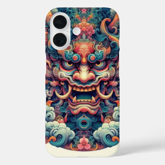 Funda iPhone 16 Tatuaje de la cara del demonio Oni simétrico orien (Reverso )