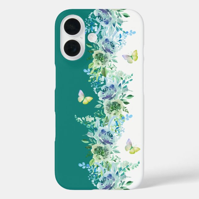 Funda iPhone 16 Teal Green Butterfly Floral Phone Case (Reverso )