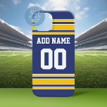 Funda iPhone 16 Team Jersey con nombre y número personalizados<br><div class="desc">Colores azules y amarillos — Si eres propietario de un equipo de Fantasía,  haz tus propios productos y muéstrales a tus amigos! O - ¿Juegas al fútbol de secundaria y quieres un recuerdo? Este diseño jersey es perfecto para cualquiera que juegue deportes.</div>