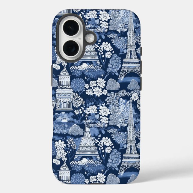 Funda iPhone 16 Tejido con motivos de tela azul parisino (Reverso )