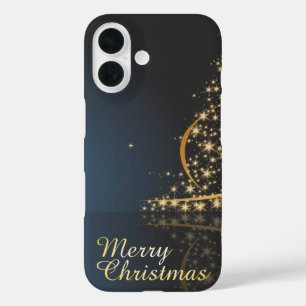 Funda iPhone 16 Tema de Navidad Azul con árbol de Navidad dorado