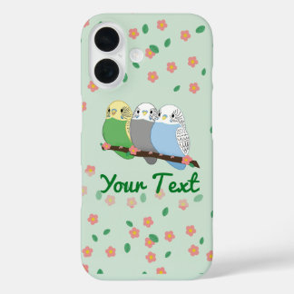 Funda iPhone 16 Three Cute Budgies Floral Cherry Blossom