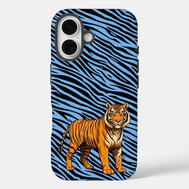 Funda iPhone 16 Tiger Pattern in Light Blue with Tiger (Reverso )
