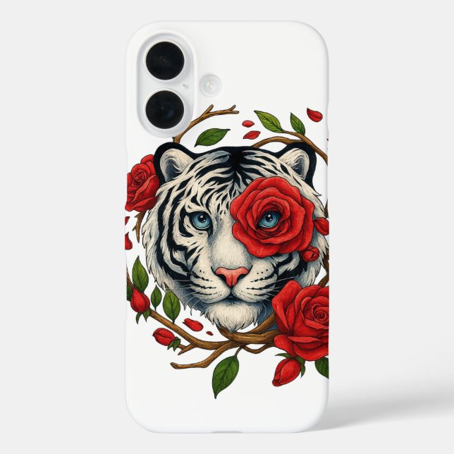 Funda iPhone 16 Tigre blanco con rosas rojas - Floral de vida salv (Reverso )