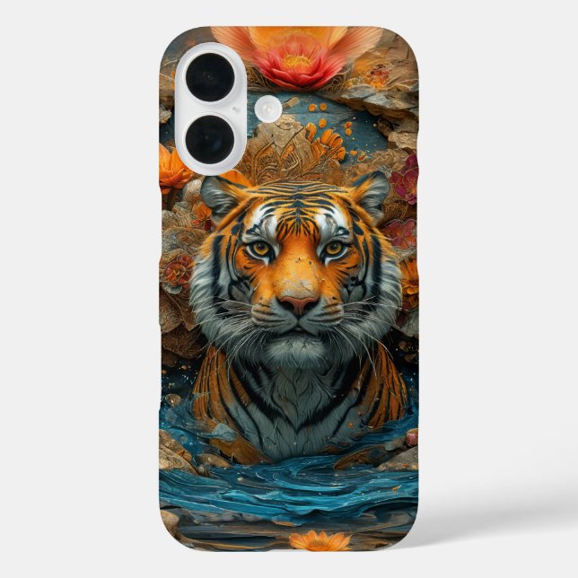 Funda iPhone 16 Tigre en cubierta de flores (Reverso )
