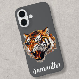 Funda iPhone 16 Tigre Gruñendo Vista de Lentejuelas Falsas Persona