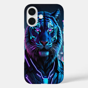 Funda iPhone 16 Tigre neón Cyberpunk con ciudad futurista