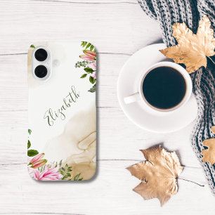 Funda iPhone 16 Tinta alcohólica floral dorada verde rosa monogram