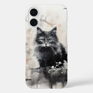 Funda iPhone 16 Tinta de gato negro pequeño