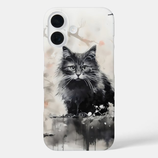 Funda iPhone 16 Tinta de gato negro pequeño (Reverso )