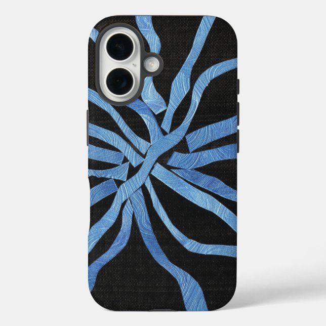 Funda iPhone 16 Tiras Azules Entrelazadas Contra Negro (Reverso )