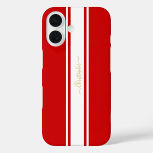 Funda iPhone 16 Tiras de Carreras blanca roja oro Monogramado eleg