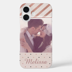 Funda iPhone 16 Tiras de oro Rosa y puntos Personalizado elegante 