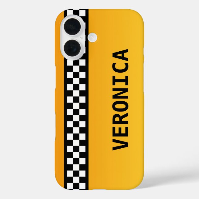 Funda iPhone 16 Tiras de taxi amarillas "Añadir tu nombre" (Reverso )