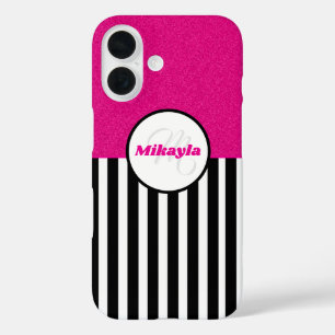 Funda iPhone 16 Tiras negras y blancas textura Purpurina rosada