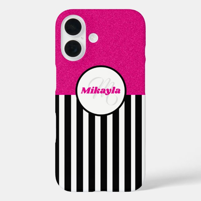 Funda iPhone 16 Tiras negras y blancas textura Purpurina rosada (Reverso )