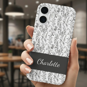 Funda iPhone 16 Toile Floral Blanco y Negro con Nombre Personaliza
