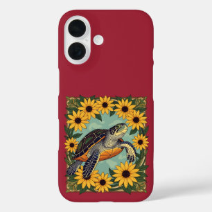 Funda iPhone 16 Tortuga Pequeña y Flores de Margarita de Ojos Negr