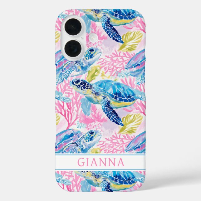 Funda iPhone 16 Tortugas Marinas Acuarela Monogramadas (Reverso )