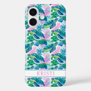 Funda iPhone 16 Tortugas Marinas Coloridas Monogramadas