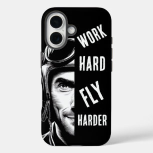 Funda iPhone 16 TRABAJA duro, Vuela Más Duro, Piloto,Cómic