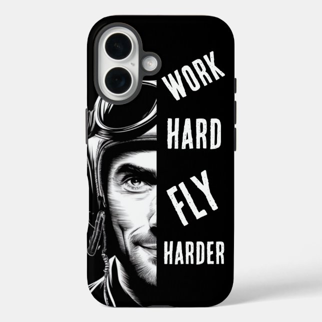 Funda iPhone 16 TRABAJA duro, Vuela Más Duro, Piloto,Cómic (Reverso )