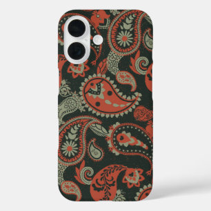 Funda iPhone 16 Tradicional Paisley Linocut Naranja cálido Mint Gr