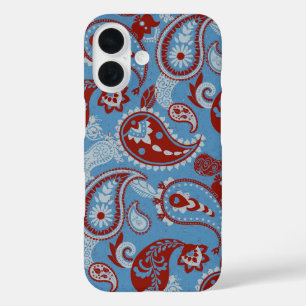 Funda iPhone 16 Tradicional Paisley Linocut Rojo Azul Blanco