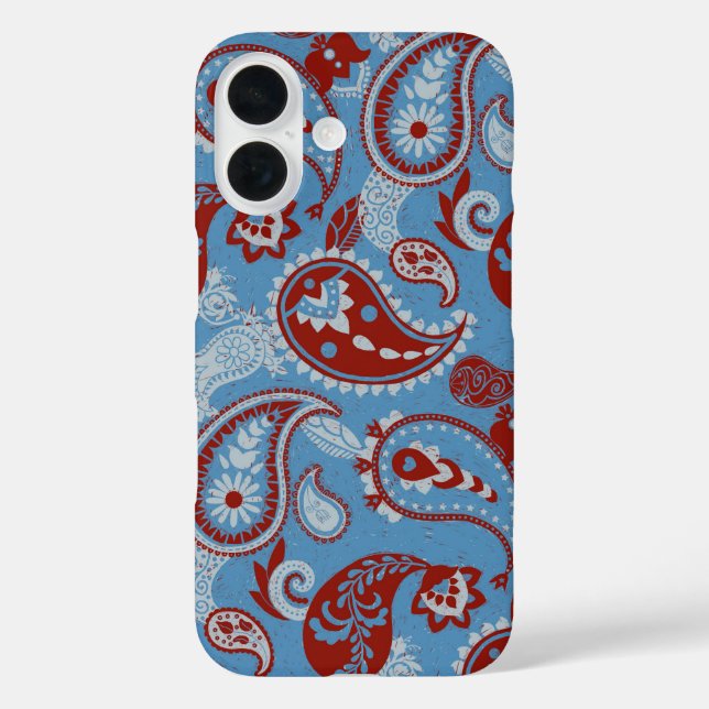 Funda iPhone 16 Tradicional Paisley Linocut Rojo Azul Blanco (Reverso )
