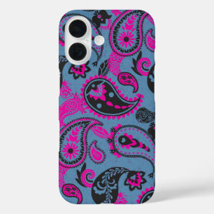 Funda iPhone 16 Tradicional Paisley Linocut Vivid Pink Dusky Blue