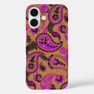 Funda iPhone 16 Tradicional Paisley Linocut Vivid Pink Mustard