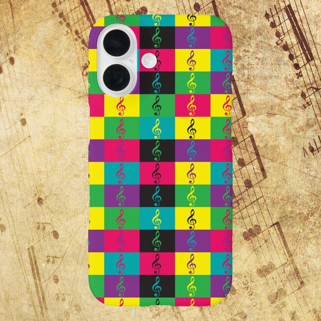 Funda iPhone 16 Treble Clef Music Pattern Bright (A phone case with a pattern of treble clef music symbols done in bright colors)