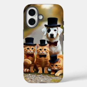 Funda iPhone 16 Tres gatos naranjas y un perro en el estudio de la