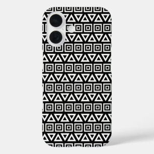 Funda iPhone 16 Triángulos aztecos+Cuadrados Patrón blanco sobre n