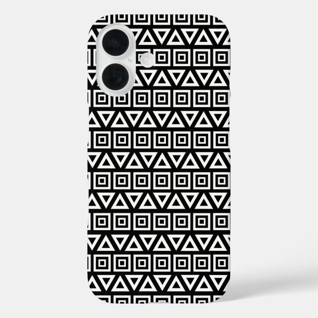 Funda iPhone 16 Triángulos aztecos+Cuadrados Patrón blanco sobre n (Reverso )