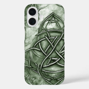 Funda iPhone 16 Triquetra Trinity Knot Sage Green Faux Metálico
