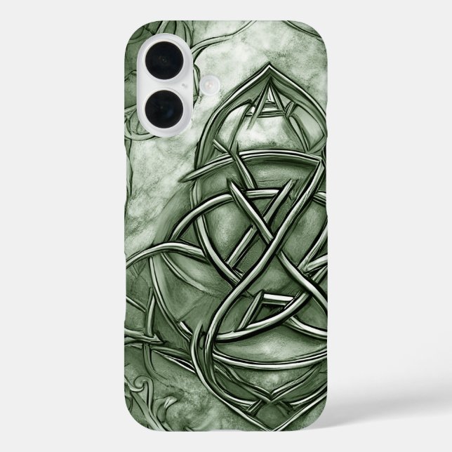Funda iPhone 16 Triquetra Trinity Knot Sage Green Faux Metálico (Reverso )