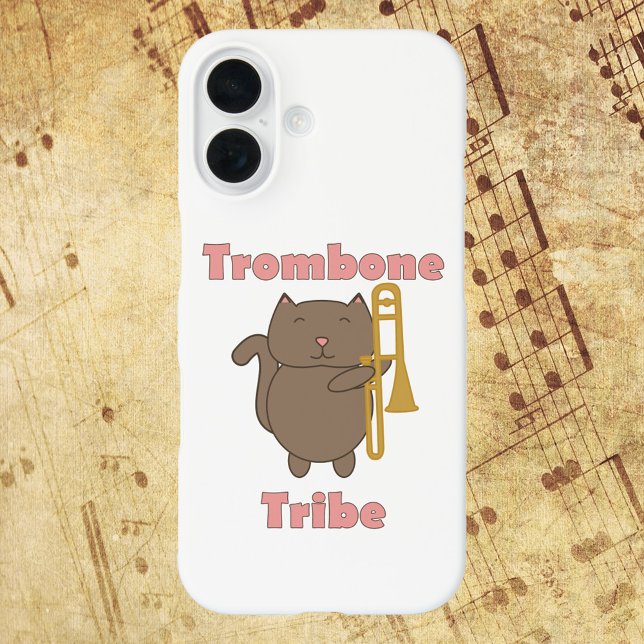 Funda iPhone 16 Trombone Tribe Cute Cat Musician Pink (A phone case with a cute kitty cat holding a trombone with the words trombone tribe.)