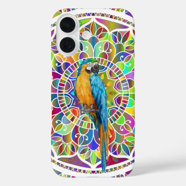 Funda iPhone 16 Tropical Mosaic – Blue & Gold Macaw Mandala (Reverso )
