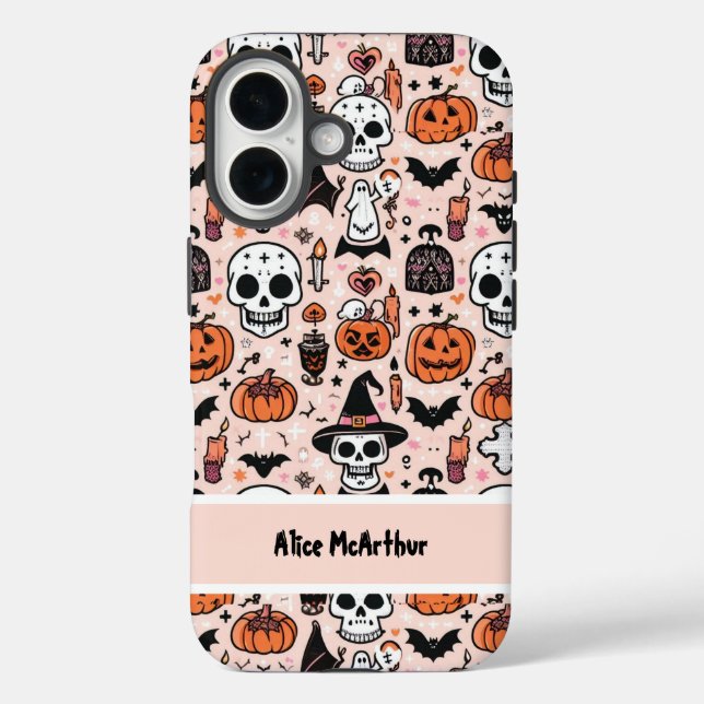 Funda iPhone 16 Truco rosa de Halloween o trata nombre personaliza (Reverso )