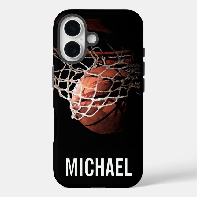 Funda iPhone 16 Tu nombre Personalizable de arte de baloncesto (Reverso )
