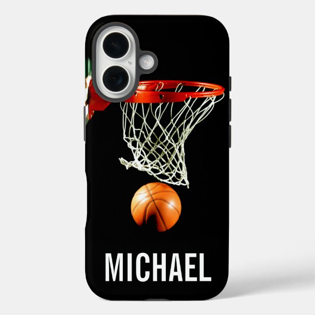 Funda iPhone 16 Tu nombre Personalizable de arte de baloncesto (Reverso )